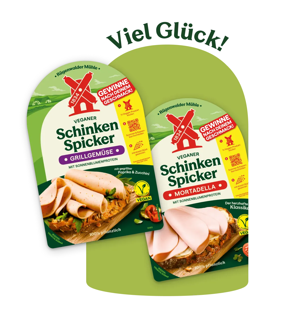Veganer Schinken Spicker Grillgemüse und Mortadella mit dem Schriftzug „Viel Glück!“