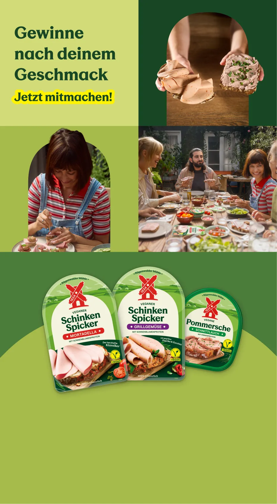 Bildcollage: Menschen genießen veganen Aufschnitt der Rügenwalder Mühle an gedeckten Gartentischen, dazu das Markenlogo sowie Veganer Schinken Spicker Mortadella, Veganer Schinken Spicker Grillgemüse und Vegane Pommersche Schnittlauch. Dazu der Claim: Am besten schmeckt’s, wenn’s allen schmeckt