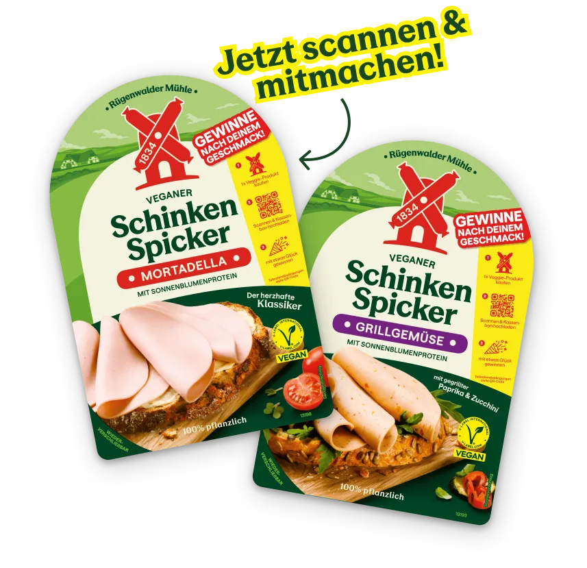 Veganer Schinken Spicker Mortadella und Grillgemüse mit Aktions-Störer zum Scannen