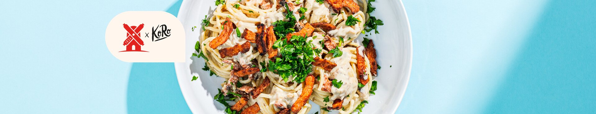 RWM X KoRo vegane Bacon Bites in Spaghetti Carbonara - Website Störer Element