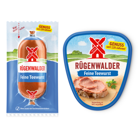 Ruegenwalder Teewurst fein - Packshot Kombi in der Pelle oder im Becher