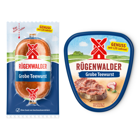 Ruegenwalder grobe Teewurst - Packshot Kombi in der Pelle oder im Becher