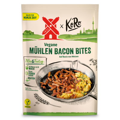 Mix & fertig Vegane Bacon Bites von Mühlen x KoRo. Wie Speckwürfel und Frühstücksspeck verwendbar. Schmeckt auch so. Ganz easy to mix & immer frisch. Nur kurz erhältlich - aber lange haltbar.