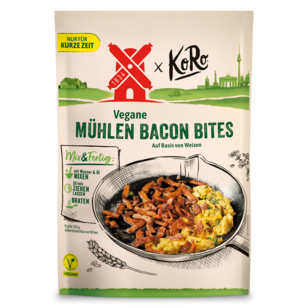 Mix & fertig Vegane Bacon Bites von Mühlen x KoRo. Wie Speckwürfel und Frühstücksspeck verwendbar. Schmeckt auch so. Ganz easy to mix & immer frisch. Nur kurz erhältlich - aber lange haltbar.