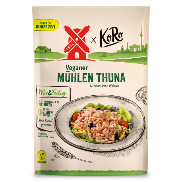 Mix & fertig veganer Mühlen Thuna. Easy to mix im Beutel, einfach in Wasser einrühren und der Thunfisch erwacht zum Leben.