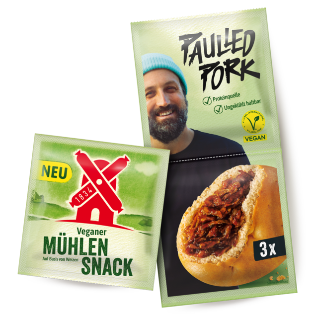 Der Vegane Mühlen Snack Paulled Pork ist eine fleischfreie Variante des "Pulled Pork" genanntem gezupften Braten Typ Schwein. Würzig, rauchig, deftig wie Pulled Pork, aber ganz ohne Fleisch.