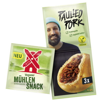 4000405002285 veganer mühlen snack typ paulled pork bundle 3x 40g, Teigtasche gefüllt mit veganem Pulled Pork