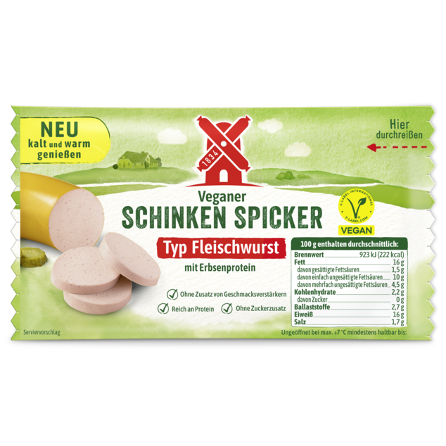4000405003190 veganer schinken spicker typ fleischwurst sb 130g Vorderseite Verpackung. Kalt und warm genießen