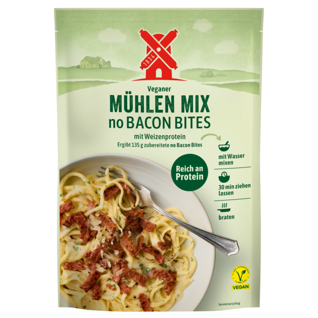 veganer Mühlen Mix no Bacon Bites - vegane Bacon Bites Trockenmischung zum Anrühren. Abbildung Verpackung Vorderseite