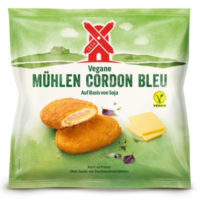 4000405001219 Vegane Mühlen Schnitzel Cordon Bleu 900g Tiefkuehlbeutel Front, Rügenwalder Mühle