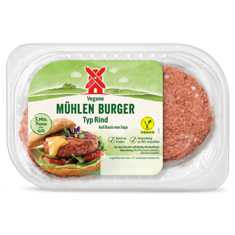 Vegane Mühlen Burger Typ Rind TF 220g Packshot - Rügenwalder Mühle GTIN 4000405001592