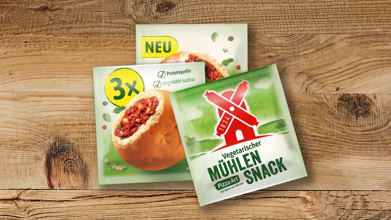 Pressebild neuer vegetarischer Mühlen Snack Pizza Art