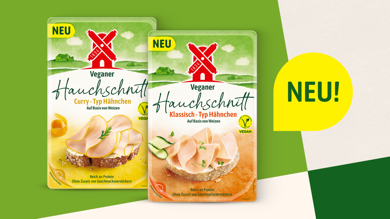 Pressebild neuer veganer Mühlen Hauchschnitt Typ Curry & Klassisch Typ Hähnchen