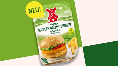 Mehr vegane Burger-Abwechslung: Mit dem Veganen Mühlen Crispy Burger Typ Hähnchen schafft die Rügenwalder Mühle eine Alternative zum klassischen Burgergenuss.