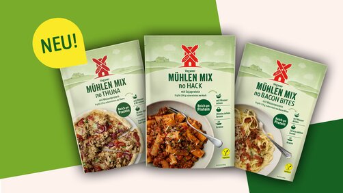 Mühlen Mix Pressebild - Gelingsicherer Genuss, schnell und unkompliziert zubereitet: Die Rügenwalder Mühle bringt beliebte Trockenmischprodukte mit neuem Design und neuem Namen zurück.