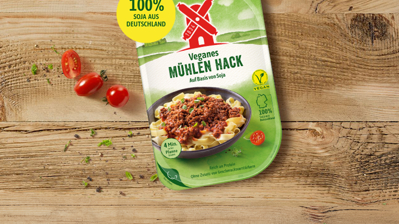 100% Soja aus Deutschland - Website Teaser mit veganem Mühlen Hack auf Basis Soja