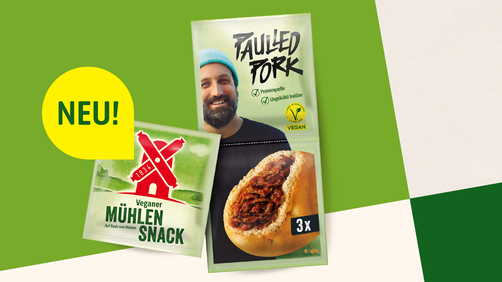 Der vegane Mühlen Snack Paulled Pork, kreiert mit Paul Ripke - veganes Pulled Pork zum Reinbeißen - Header mit Packshot 3er-Pack