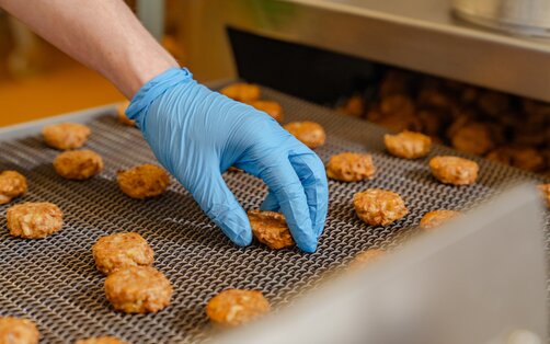 Qualitätskontrolle bei der Produktion von Frikadellen im Werk der Rügenwalder Mühle: Qualitätskontrolle per Hand am Fließband